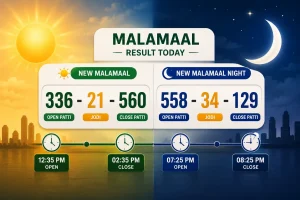 showing today's New Malamaal and New Malamaal Night result format with daytime and nighttime market timings, including Open Patti, Jodi, and Close Patti