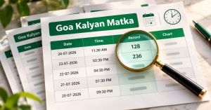 3D illustration of a Goa Kalyan Matka results chart with date and time columns, sample numerical records, and a magnifying glass highlighting historical entries