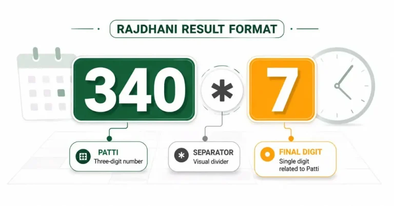 Rajdhani result format visual showing 340 as Patti, an asterisk separator, and 7 as the connected final digit